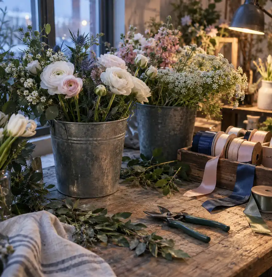 Illustration of floral businesses equipment and workspace